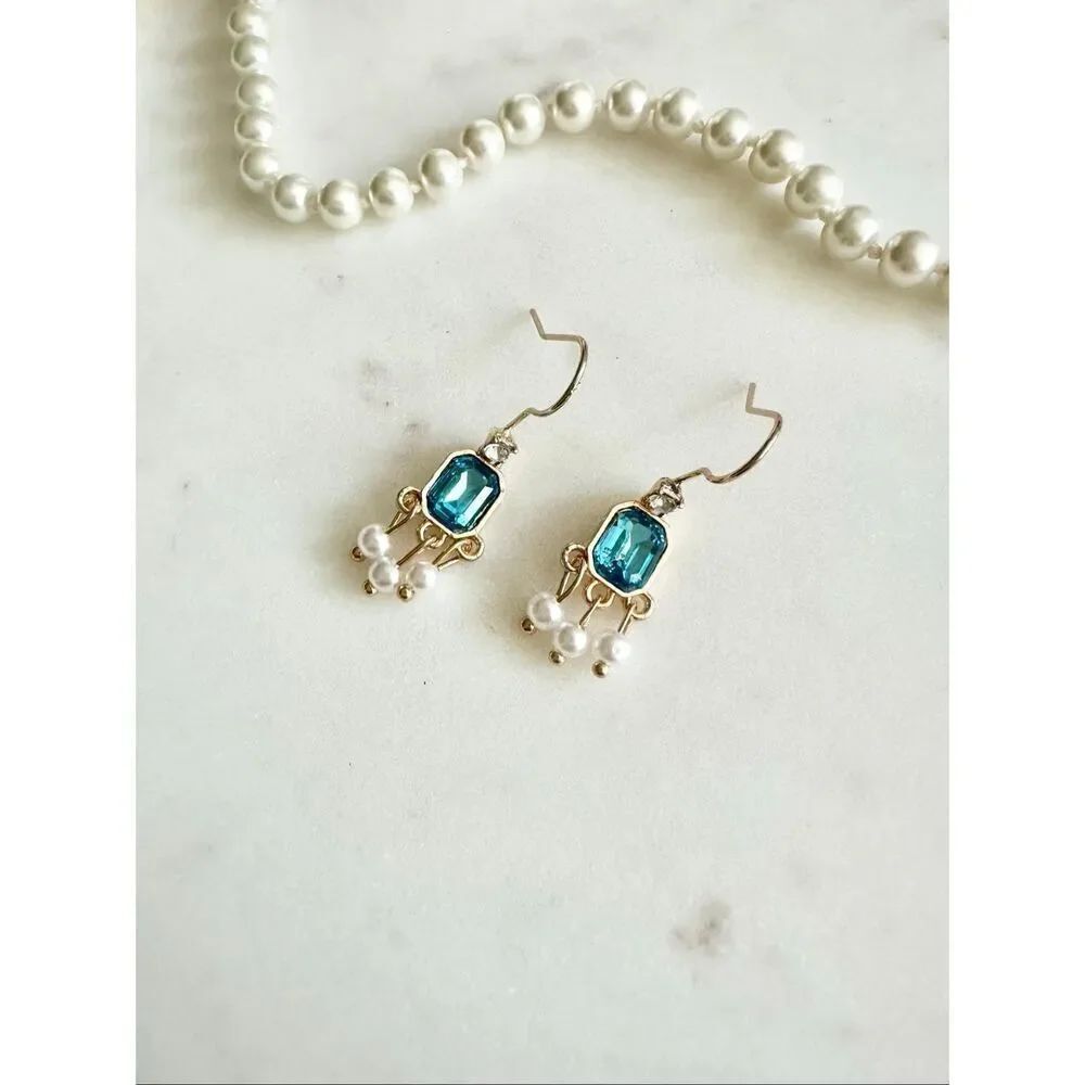 Delicate bright blue and faux pearl dangle earrings
